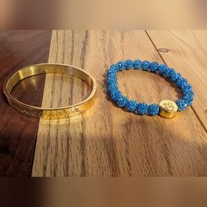 Rustic Cuff Beautiful Gold "Never Give Up" and Blue Set With Bird Accent